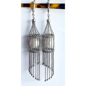 Lantern Earrings Captured Fresh Water Pearl Silver Bird Cage Dancing Dangle Drop